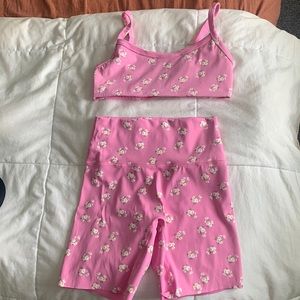 aerie pink floral bike short M and sports bra S matching set